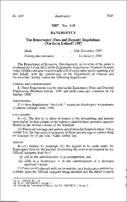 The Bankruptcy (Fees and Deposit) Regulations (Northern Ireland) 1987