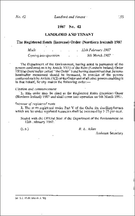 The Registered Rents (Increase) Order (Northern Ireland) 1987