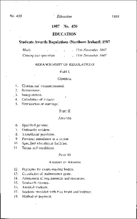 The Students Awards Regulations (Northern Ireland) 1987