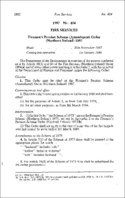 The Firemen's Pension Scheme (Amendment) Order (Northern Ireland) 1987