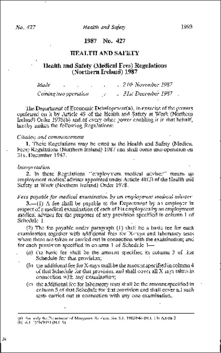 The Health and Safety (Medical Fees) Regulations (Northern Ireland) 1987