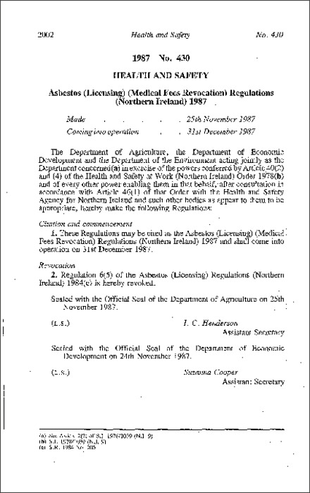 The Asbestos (Licensing) (Medical Fees Revocation) Regulations (Northern Ireland) 1987