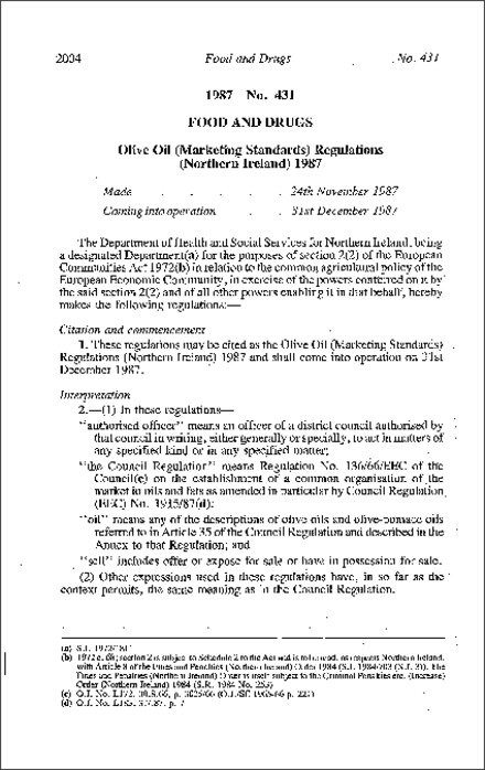 The Olive Oil (Marketing Standards) Regulations (Northern Ireland) 1987