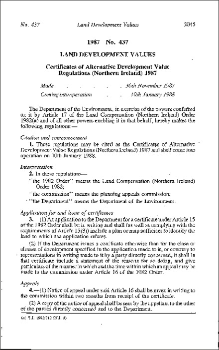 The Certificates of Alternative Development Value Regulations (Northern Ireland) 1987