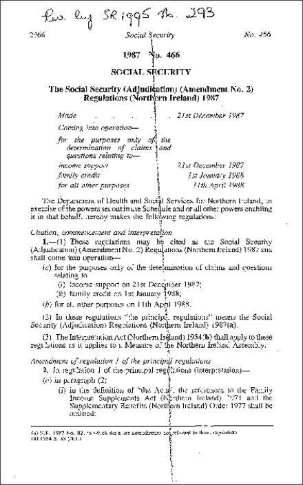 The Social Security (Adjudication) (Amendment No. 2) Regulations (Northern Ireland) 1987