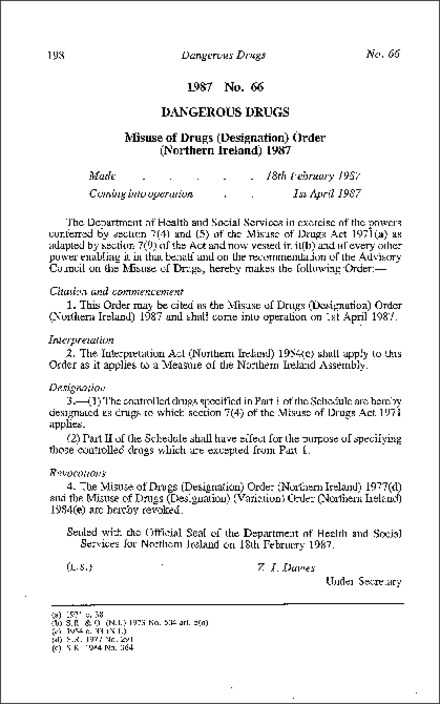 The Misuse of Drugs (Designation) Order (Northern Ireland) 1987