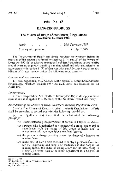 The Misuse of Drugs (Amendment) Regulations (Northern Ireland) 1987