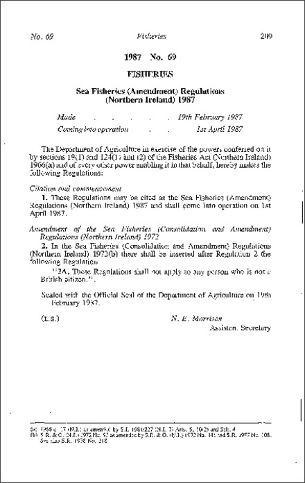 The Sea Fisheries (Amendment) Regulations (Northern Ireland) 1987