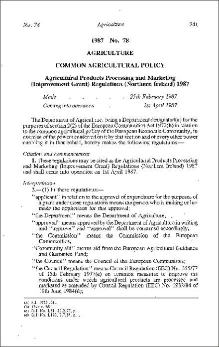 The Agricultural Products Processing and Marketing (Improvement Grant) Regulations (Northern Ireland) 1987