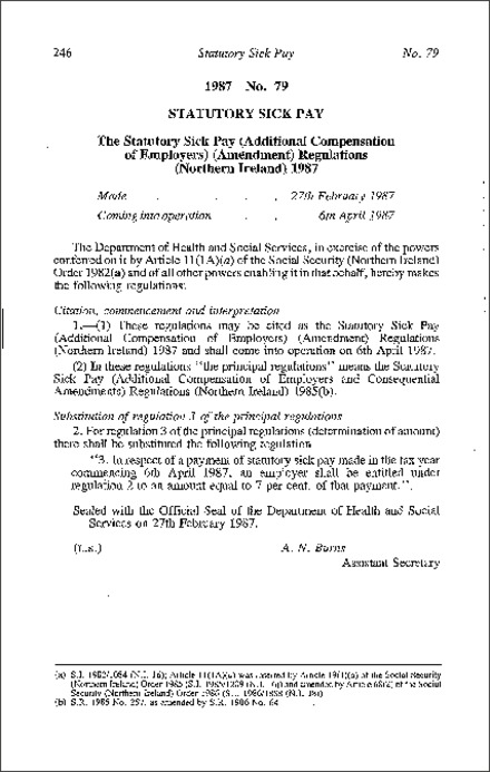 The Statutory Sick Pay (Additional Compensation of Employers) (Amendment) Regulations (Northern Ireland) 1987