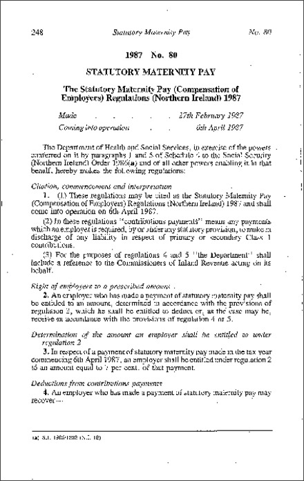 The Statutory Maternity Pay (Compensation of Employers) Regulations (Northern Ireland) 1987
