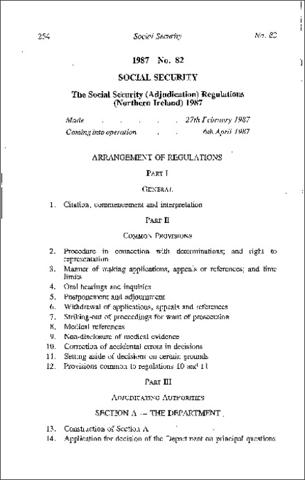 The Social Security (Adjudication) Regulations (Northern Ireland) 1987