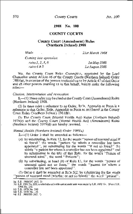 The County Court (Amendment) Rules (Northern Ireland) 1988