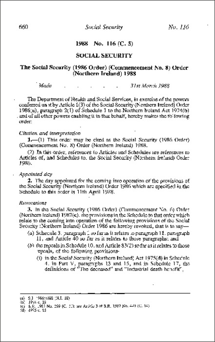 The Social Security (1986 Order) (Commencement No. 8) Order (Northern Ireland) 1988