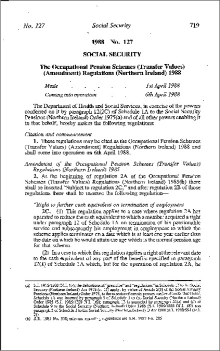 The Occupational Pension Schemes (Transfer Values) (Amendment) Regulations (Northern Ireland) 1988