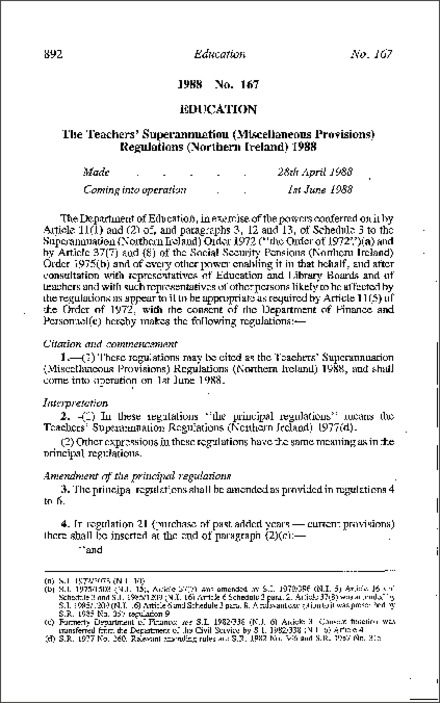 The Teachers' Superannuation (Miscellaneous Provisions) Regulations (Northern Ireland) 1988
