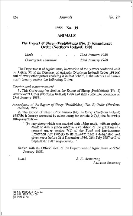 The Export of Sheep (Prohibition) (No. 3) Amendment Order (Northern Ireland) 1988