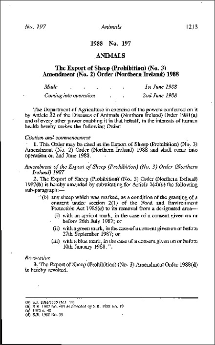 The Export of Sheep (Prohibition) (No. 3) Amendment (No. 2) Order (Northern Ireland) 1988