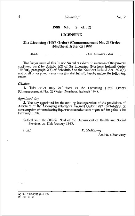 The Licensing (1987 Order) Commencement No. 2) Order (Northern Ireland) 1988