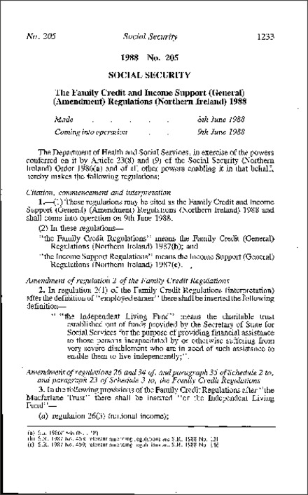 The Family Credit and Income Support (General) (Amendment) Regulations (Northern Ireland) 1988