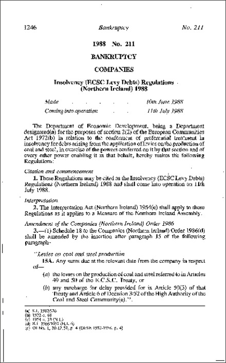 The Insolvency (ECSC Levy Debts) Regulations (Northern Ireland) 1988