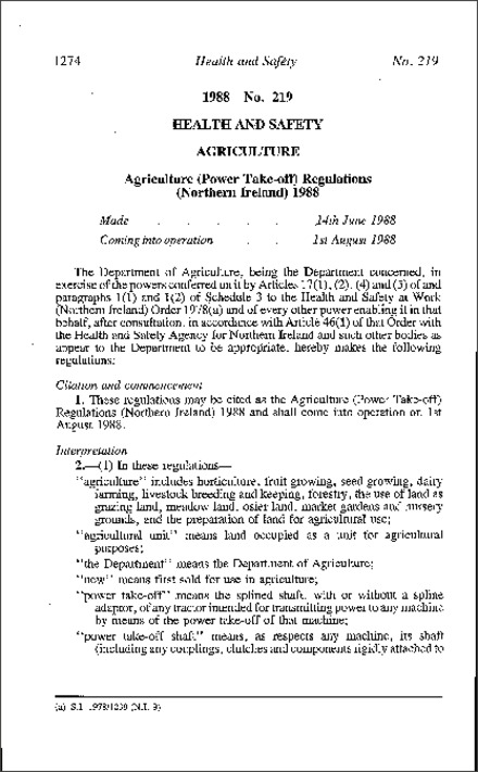 The Agriculture (Power Take-off) Regulations (Northern Ireland) 1988
