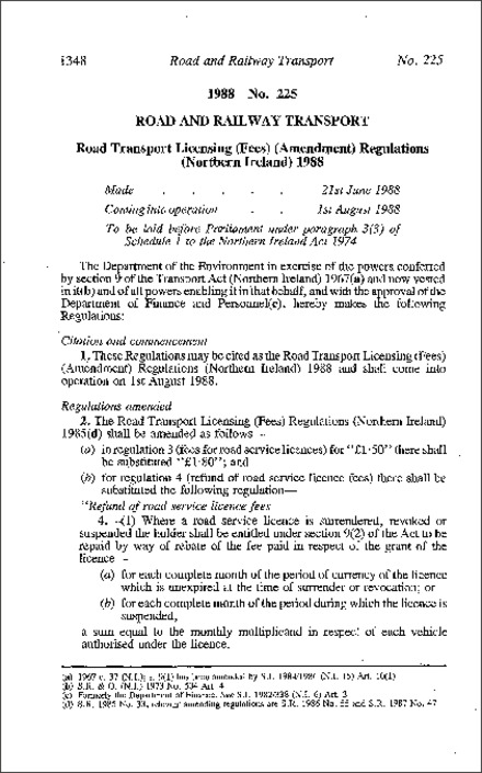 The Road Transport Licensing (Fees) (Amendment) Regulations (Northern Ireland) 1988