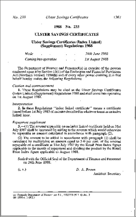 The Ulster Savings Certificate (Index Linked) (Supplement) Regulations (Northern Ireland) 1988