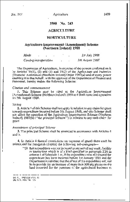 The Agriculture Improvement (Amendment) Scheme (Northern Ireland) 1988