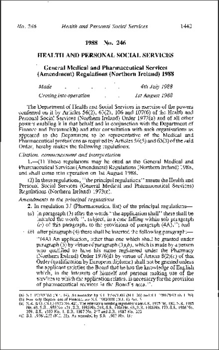 The General Medical and Pharmaceutical Services (Amendment) Regulations (Northern Ireland) 1988