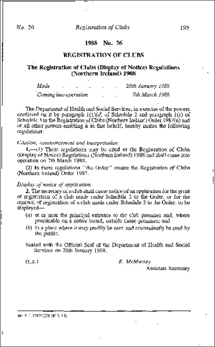 The Registration of Clubs (Display of Notice) Regulations (Northern Ireland) 1988