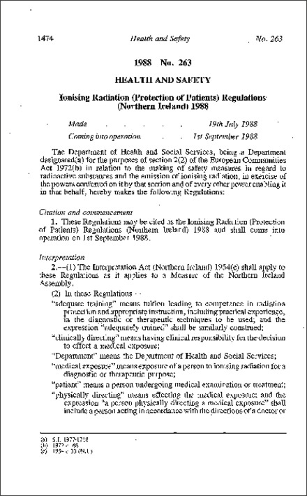The Ionising Radiation (Protection of Patients) Regulations (Northern Ireland) 1988