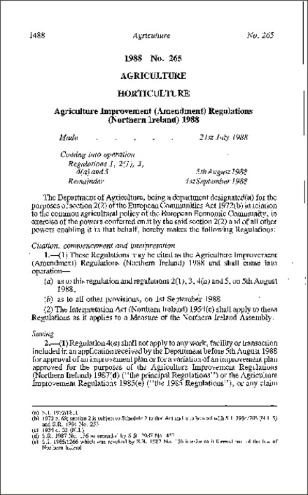 The Agriculture Improvement (Amendment) Regulations (Northern Ireland) 1988
