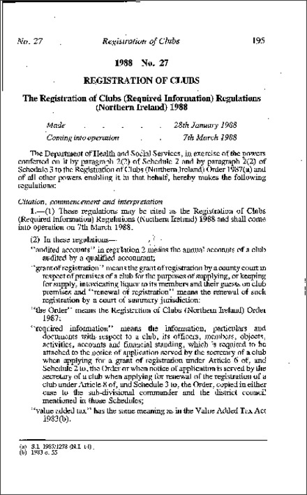 The Registration of Clubs (Required Information) Regulations (Northern Ireland) 1988