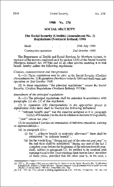 The Social Security (Credits) (Amendment No. 2) Regulations (Northern Ireland) 1988