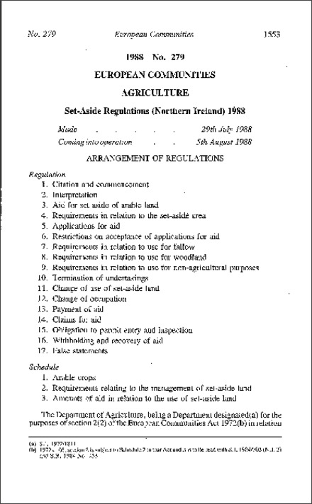 The Set-Aside Regulations (Northern Ireland) 1988