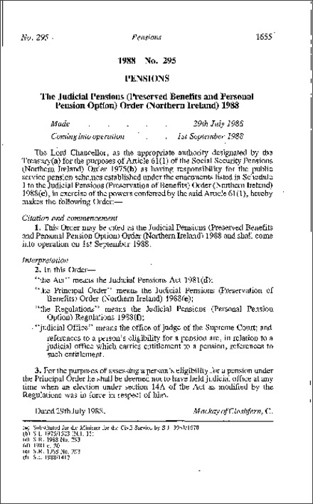 The Judicial Pensions (Preserved Benefits and Personal Pension Option) Order (Northern Ireland) 1988