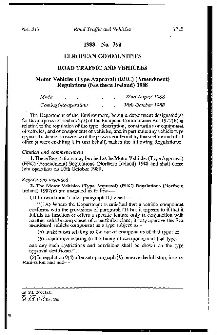 The Motor Vehicles (Type Approval) (EEC) (Amendment) Regulations (Northern Ireland) 1988