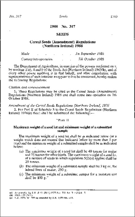 The Cereal Seeds (Amendment) Regulations (Northern Ireland) 1988