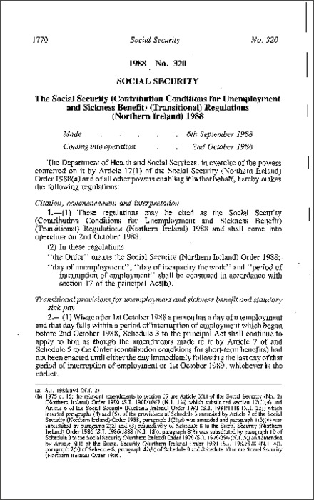 The Social Security (Contribution Conditions for Unemployment and Sickness Benefit) (Transitional) Regulations (Northern Ireland) 1988