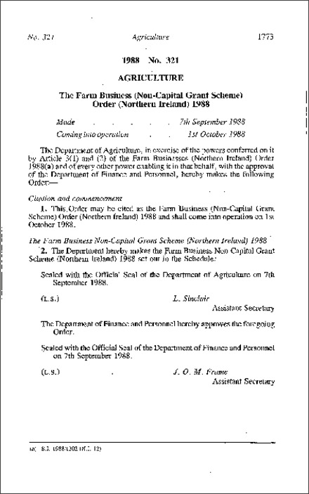 The Farm Business (Non-Capital Grant Scheme) Order (Northern Ireland) 1988