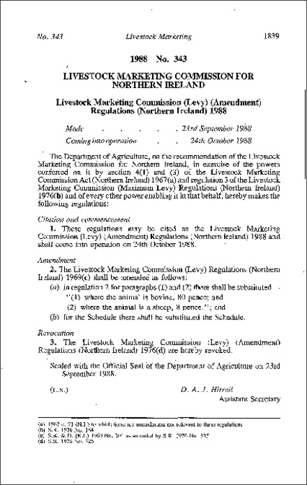 The Livestock Marketing Commission (Levy) (Amendment) Regulations (Northern Ireland) 1988