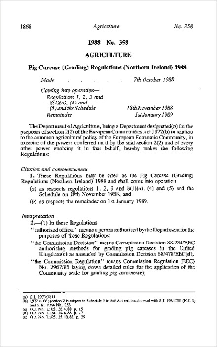 The Pig Carcase (Grading) Regulations (Northern Ireland) 1988