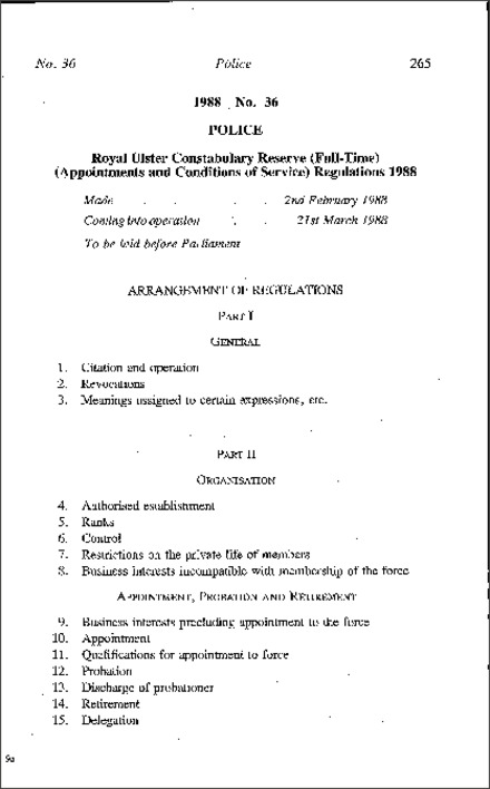 The Royal Ulster Constabulary Reserve (Full-time) (Appointments and Conditions of Service) Regulations (Northern Ireland) 1988