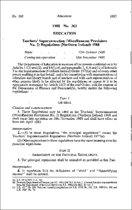 The Teachers' Superannuation (Miscellaneous Provisions No. 2) Regulations (Northern Ireland) 1988