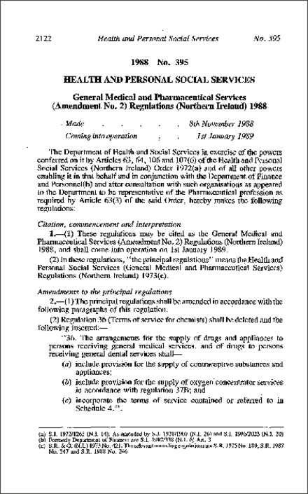 The General Medical and Pharmaceutical Services (Amendment No. 2) Regulations (Northern Ireland) 1988