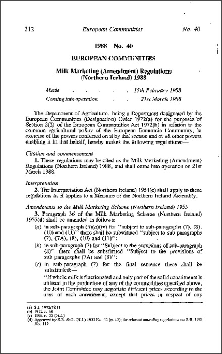 The Milk Marketing (Amendment) Regulations (Northern Ireland) 1988