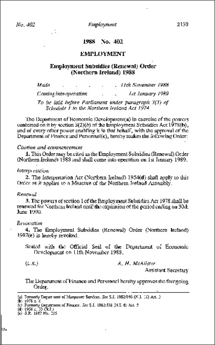 The Employment Subsidies (Renewal) Order (Northern Ireland) 1988