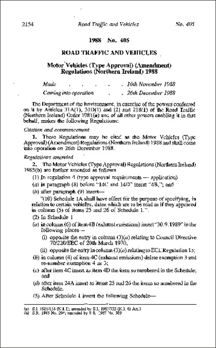 The Motor Vehicles (Type Approval) (Amendment) Regulations (Northern Ireland) 1988
