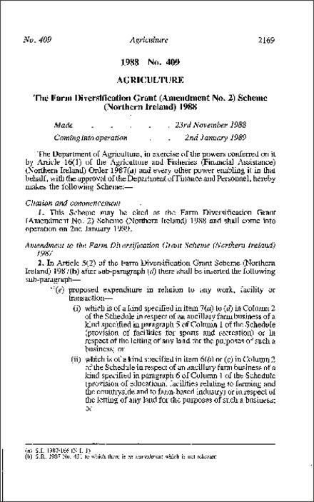 The Farm Diversification Grant (Amendment No. 2) Scheme (Northern Ireland) 1988